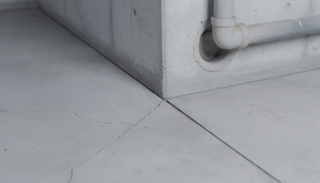 The image shows a basement corner where a concrete floor meets a foundation wall, with a utility pipe penetration visible. This area is important for monitoring potential radon exposure, as high radon levels can lead to health risks such as lung cancer.