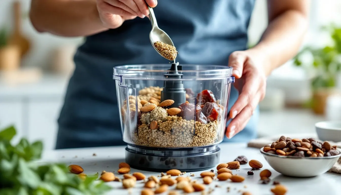 A person using a food processor to make hemp power bites.