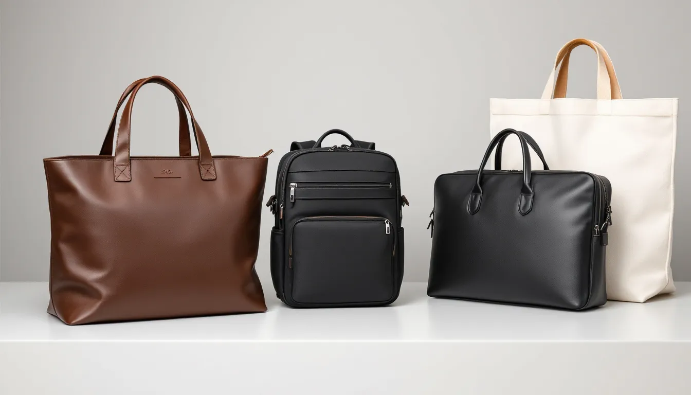 Different types of conference bags including tote bags, backpacks, and laptop bags.