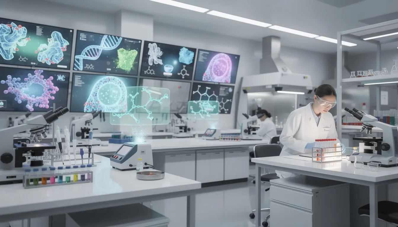 The image depicts a scientific laboratory filled with advanced research equipment, including molecular visualization displays that illustrate cellular health and aging processes. Various instruments and displays highlight key tissues such as skeletal muscle and adipose tissue, emphasizing the importance of nicotinamide adenine dinucleotide (NAD) in aging research and its potential health benefits in the context of NAD World 3.0.