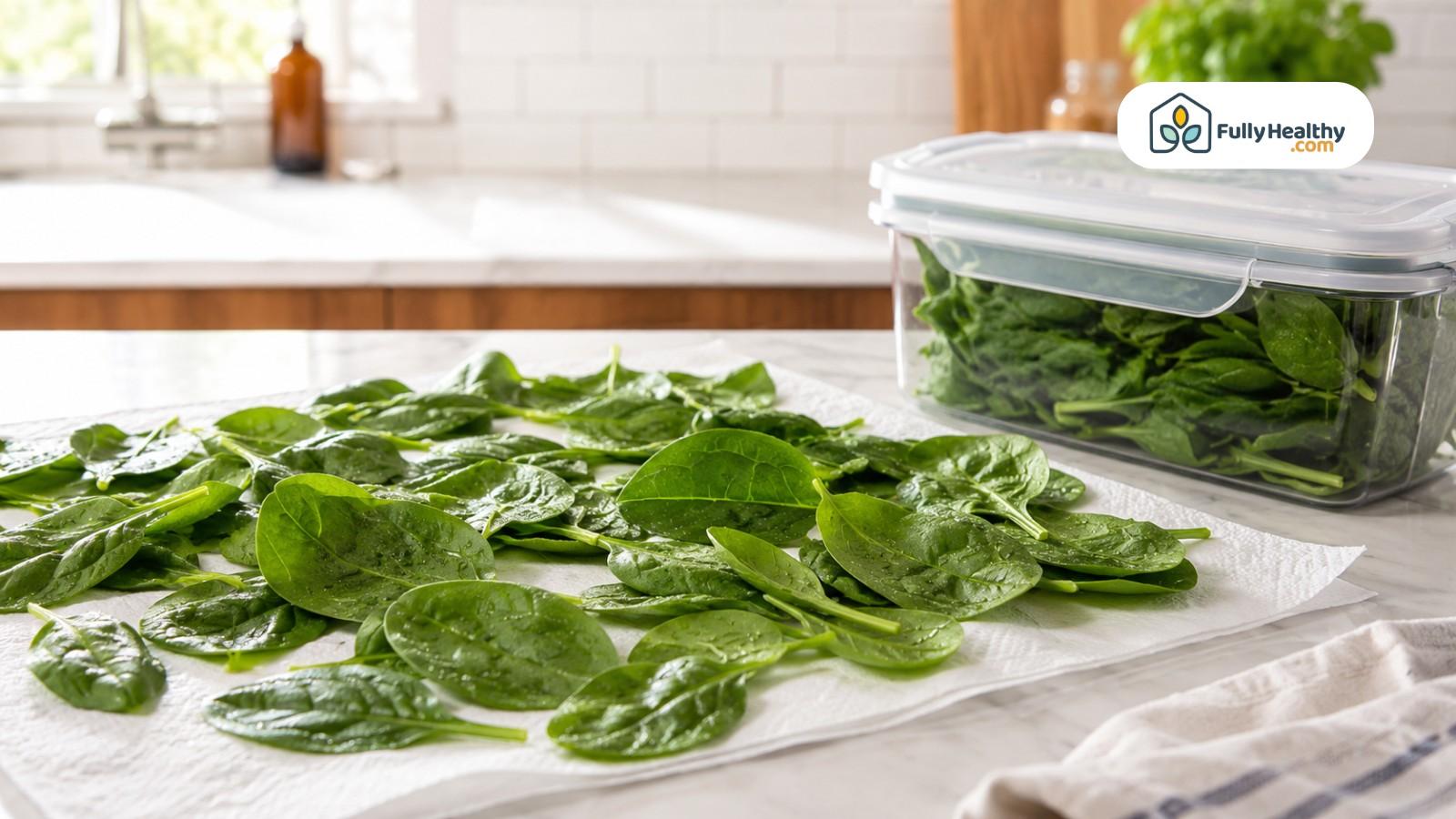 Freshly washed spinach drying on paper towels before refrigerated storage
