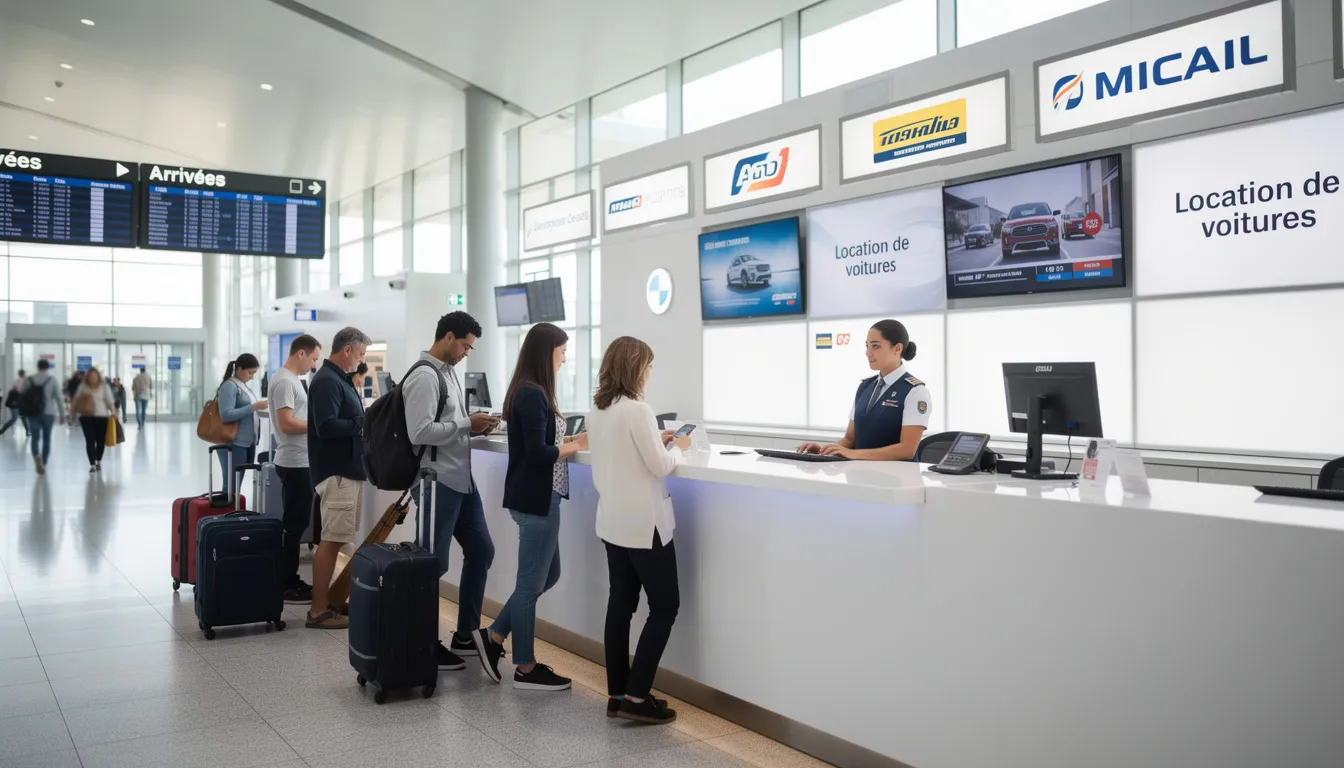 Dans un hall d'aéroport, un comptoir de location de voiture Sixt est occupé par des clients attendant leur prise en charge. Les jeunes conducteurs, moins de 25 ans, se renseignent sur les options de véhicules haut de gamme disponibles pour leurs vacances ou road trip.
