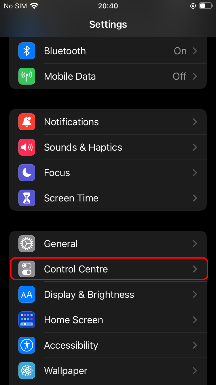 iPhone control center adjustments in the settings app