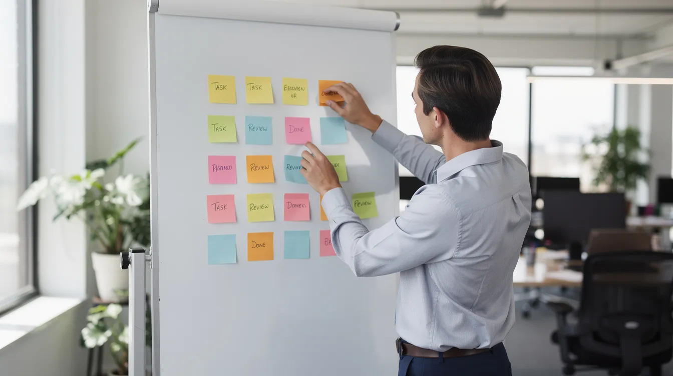 A person is organizing colorful sticky notes on a whiteboard in an office, focusing on planning a workflow for managing remote teams. This visual highlights the importance of project management tools and real-time collaboration among team members to achieve business goals effectively.