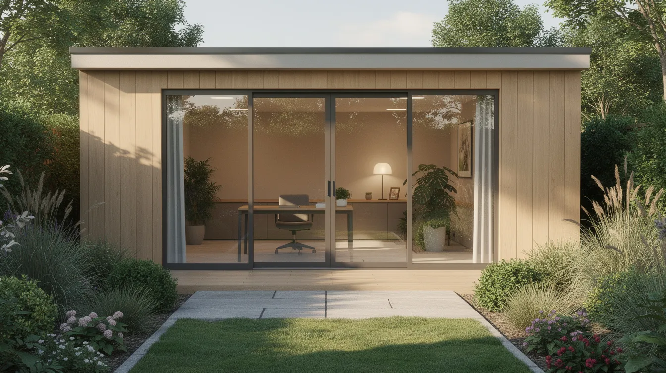The image depicts a contemporary insulated garden room office featuring expansive floor-to-ceiling glass doors that seamlessly connect the interior living space to a beautifully landscaped garden, allowing for an abundance of natural light. This renovation project exemplifies modern design ideas, creating an ideal workspace that reduces stress and enhances productivity.