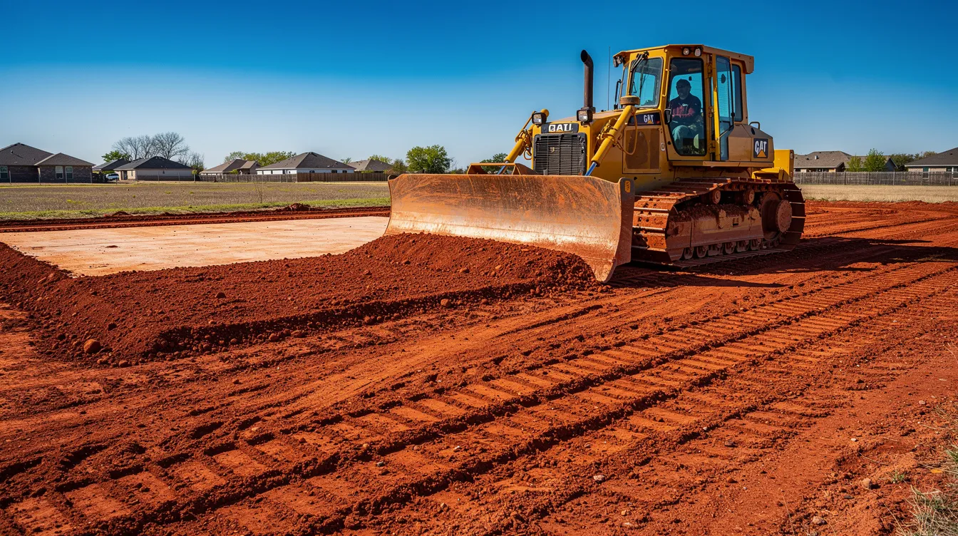 A yellow bulldozer is actively pushing red clay soil to create a foundation pad on a residential building site in Yukon, Oklahoma, under a clear blue sky. The image captures the precision work involved in grading services, highlighting the earth compaction marks that ensure a stable ground for future construction.