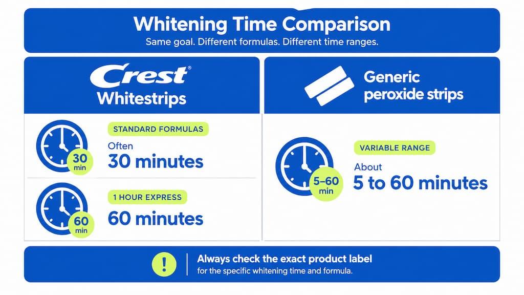 Whitening time comparison infographic: Crest Whitestrips standard formulas often 30 minutes, 1 Hour Express 60 minutes, generic peroxide strips about 5 to 60 minutes - always check the exact product label