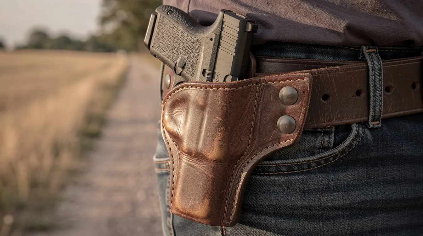 The image shows a leather holster with a handgun attached to a belt, set against a rural outdoor backdrop. This depiction reflects elements of concealed carry, pertinent to discussions around Nebraska concealed handgun permit laws and the importance of safety training for responsible firearm possession.