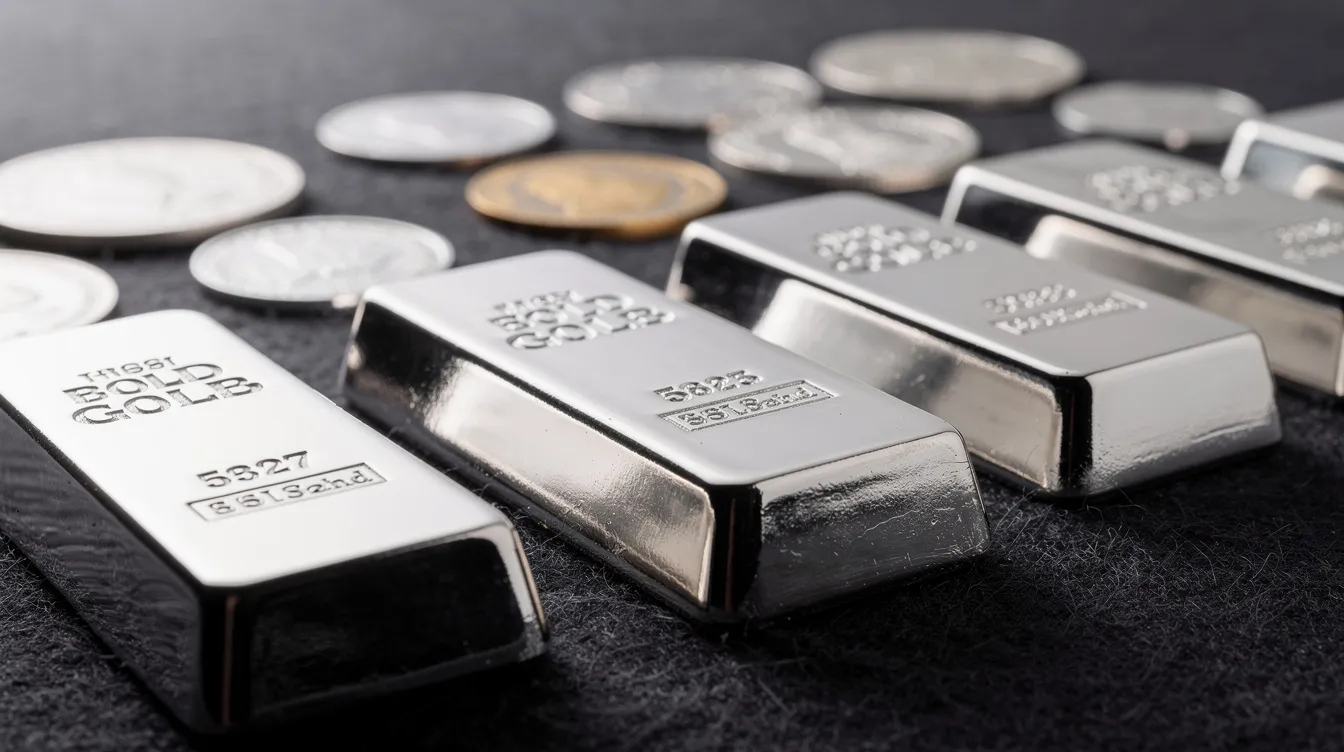 Silver bars and silver rounds arranged on a soft felt surface