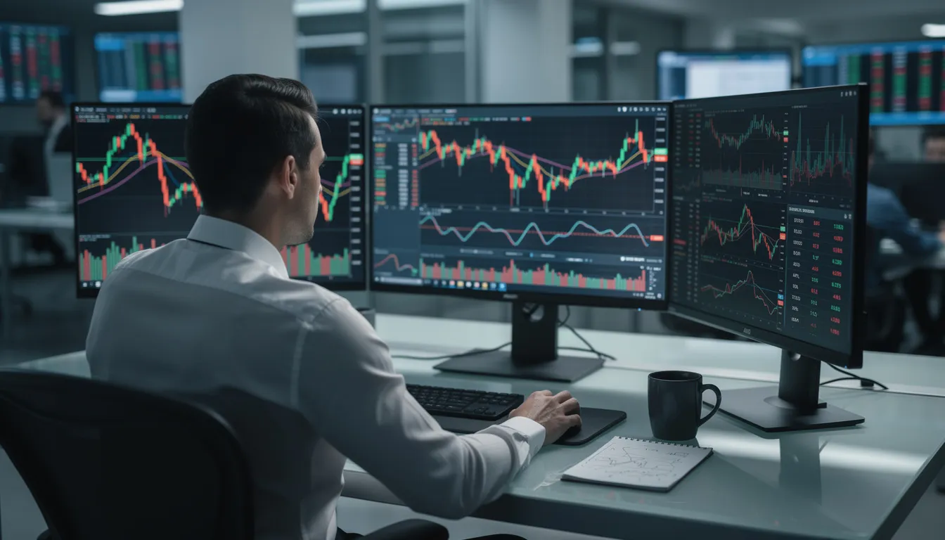 The image depicts a trader intently analyzing multiple computer screens filled with financial charts and technical indicators, including the relative vigor index (RVI) and various price movements. The screens display critical data such as trading volume, trend direction, and trading strategies, while the trader evaluates potential entry and exit points in trending markets.