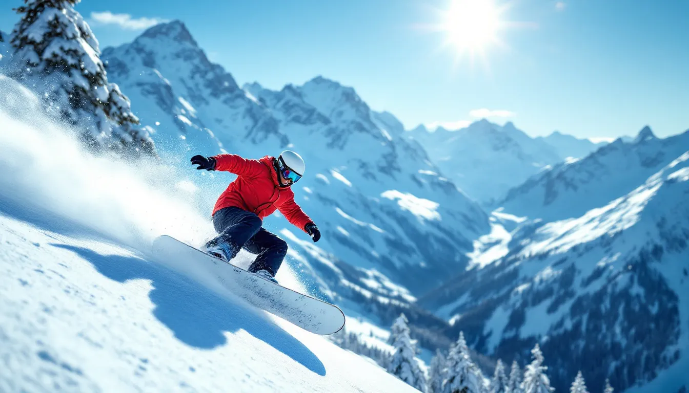 A snowboarder skillfully carves through fresh powder snow with majestic mountain peaks in the background, capturing the thrill of winter sports in Brian Head, Utah. This picturesque scene highlights the beauty of outdoor activities available at the Brian Head Resort, a popular destination for vacation rentals in the area.
