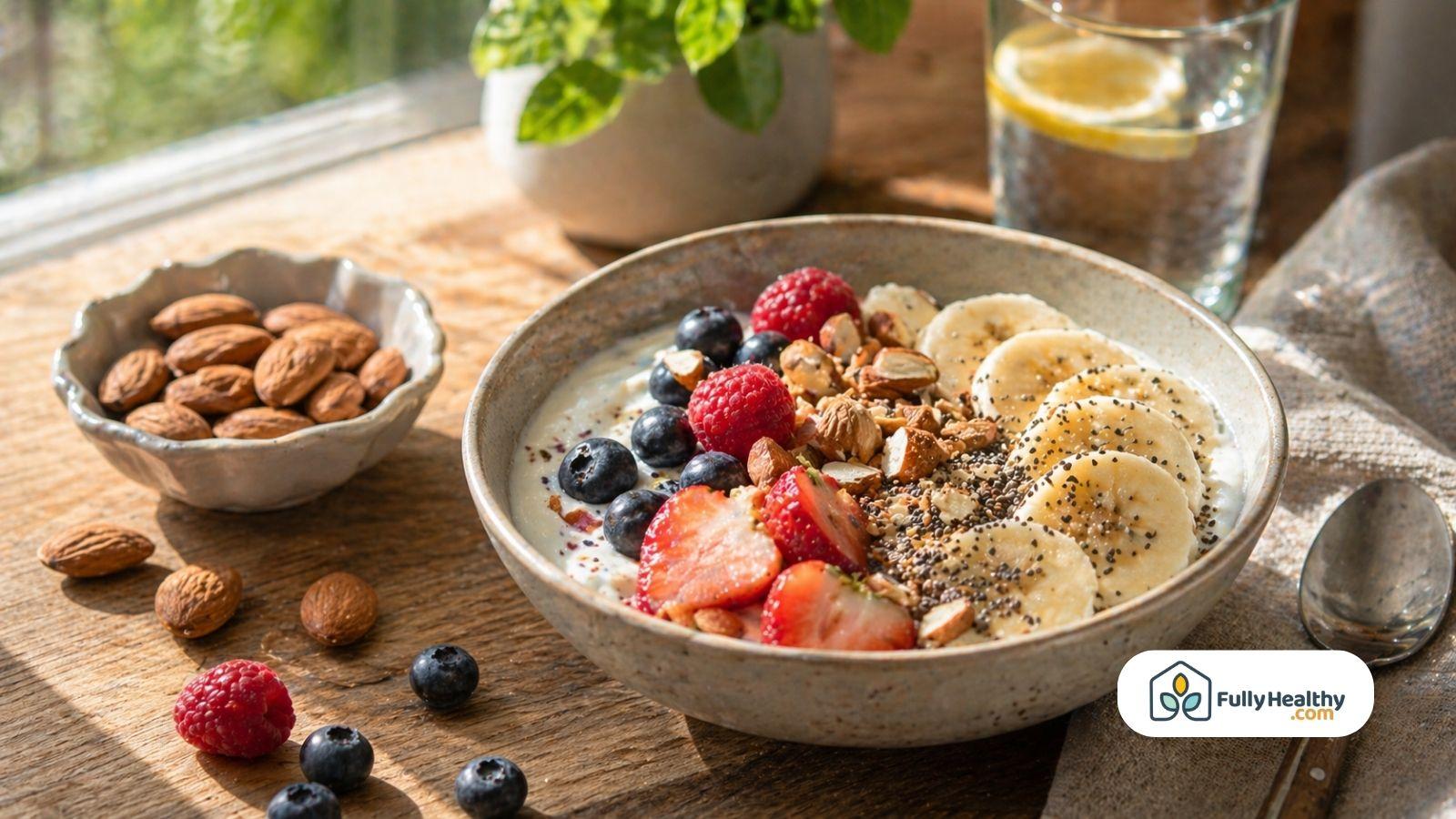 Almond yogurt bowl with berries banana chia seeds and side almonds