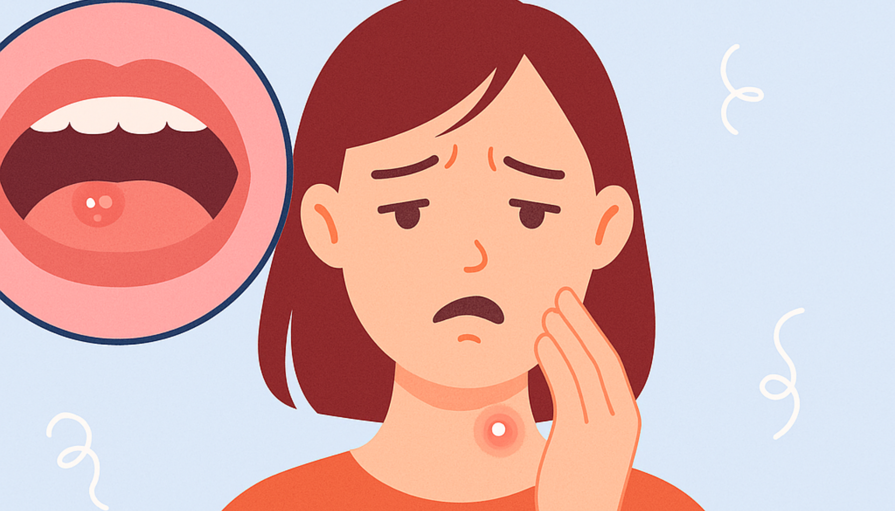 Sår i munnen når små blemmer blir et stort problem 12 Illustrasjon av kvinne med smertefull munnskold og nærbilde av blemme inne i munnen.