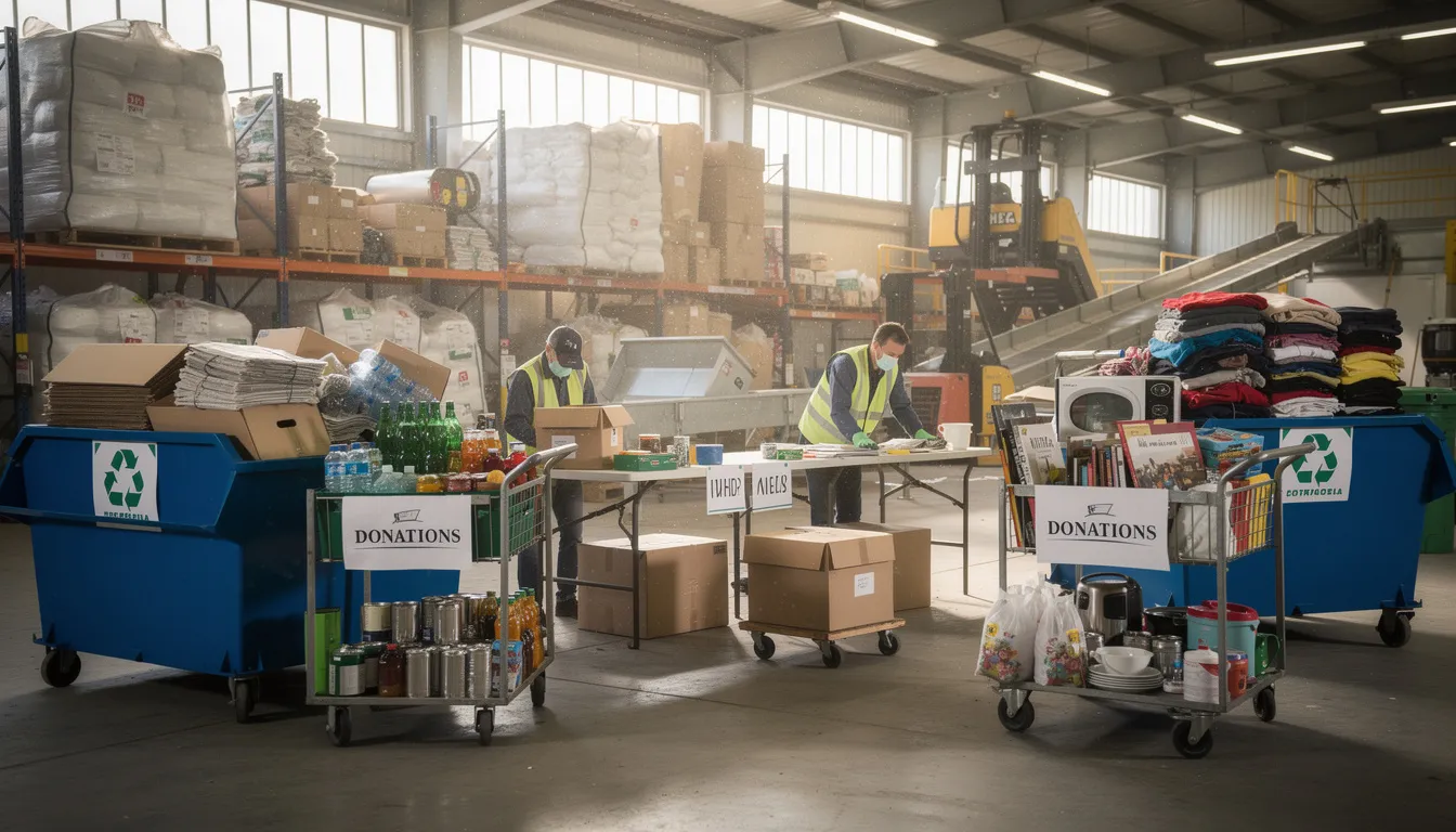 The image shows a team sorting through various items at a disposal facility, organizing unwanted junk for recycling and donation. This professional foreclosure cleanout process ensures that usable items are disposed of properly, making space for the next chapter in property management.