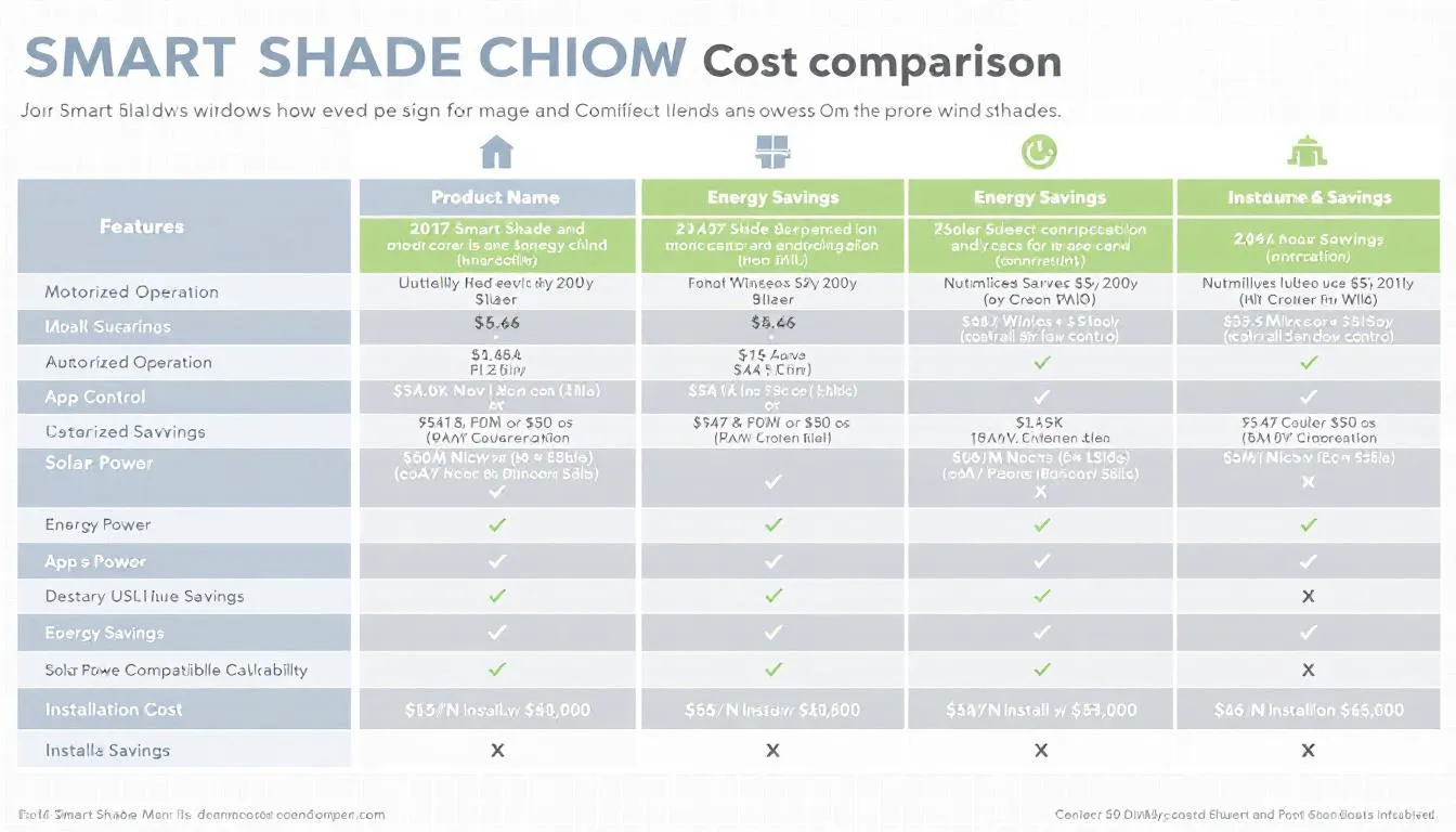 A cost comparison chart displays various smart shade options, highlighting their prices and compatibility with smart home devices such as Apple HomeKit and Google Home. The chart serves as a guide for consumers looking to integrate smart blinds into their home automation systems.