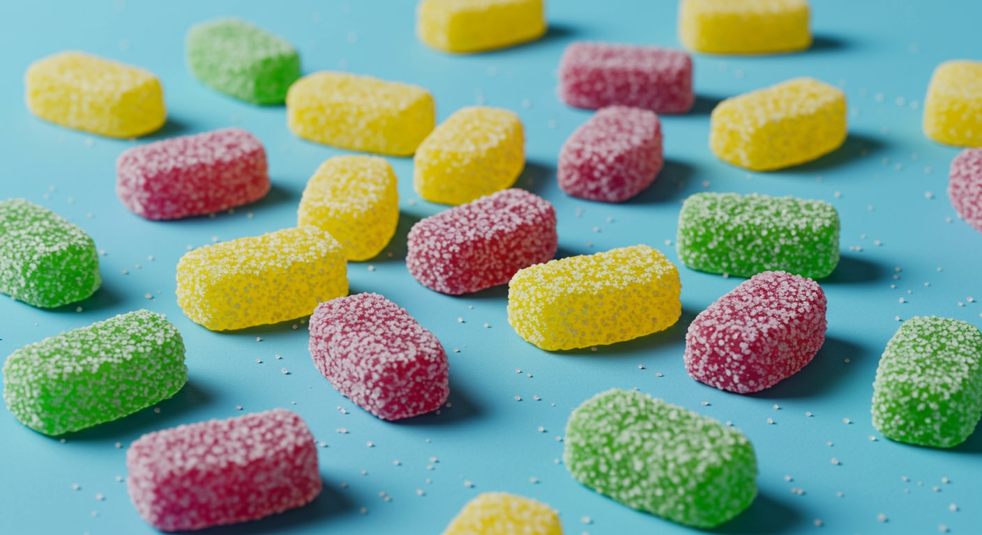 An assortment of sour Swedish candies dusted with a tangy sugar coating,