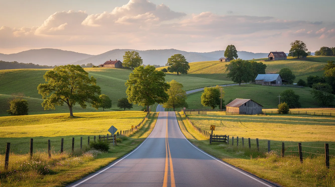 The image depicts a picturesque view of the Tennessee countryside, showcasing rolling hills and a winding road that invites exploration. This serene landscape reflects the beauty of the region, often inspiring creative individuals, including musicians and artists, who seek to protect their original work through intellectual property law.