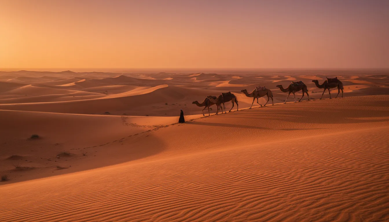 A stunning view of golden sand dunes in the Moroccan Sahara Desert at sunset, with the silhouette of a camel caravan traversing the landscape. This picturesque scene captures the essence of Morocco's natural beauty, inviting travelers to explore its vast deserts and experience the warm hospitality of its welcoming locals.