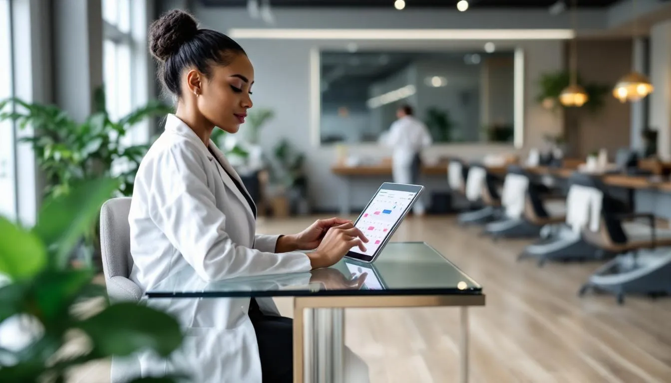 Una manicurista está utilizando una tablet en un salón de uñas moderno para gestionar citas y reservas, facilitando la atención a sus clientas y el uso de un software especializado para salones de uñas. La escena refleja la integración de tecnología en el proceso de manicura y pedicura, mejorando la experiencia del cliente.