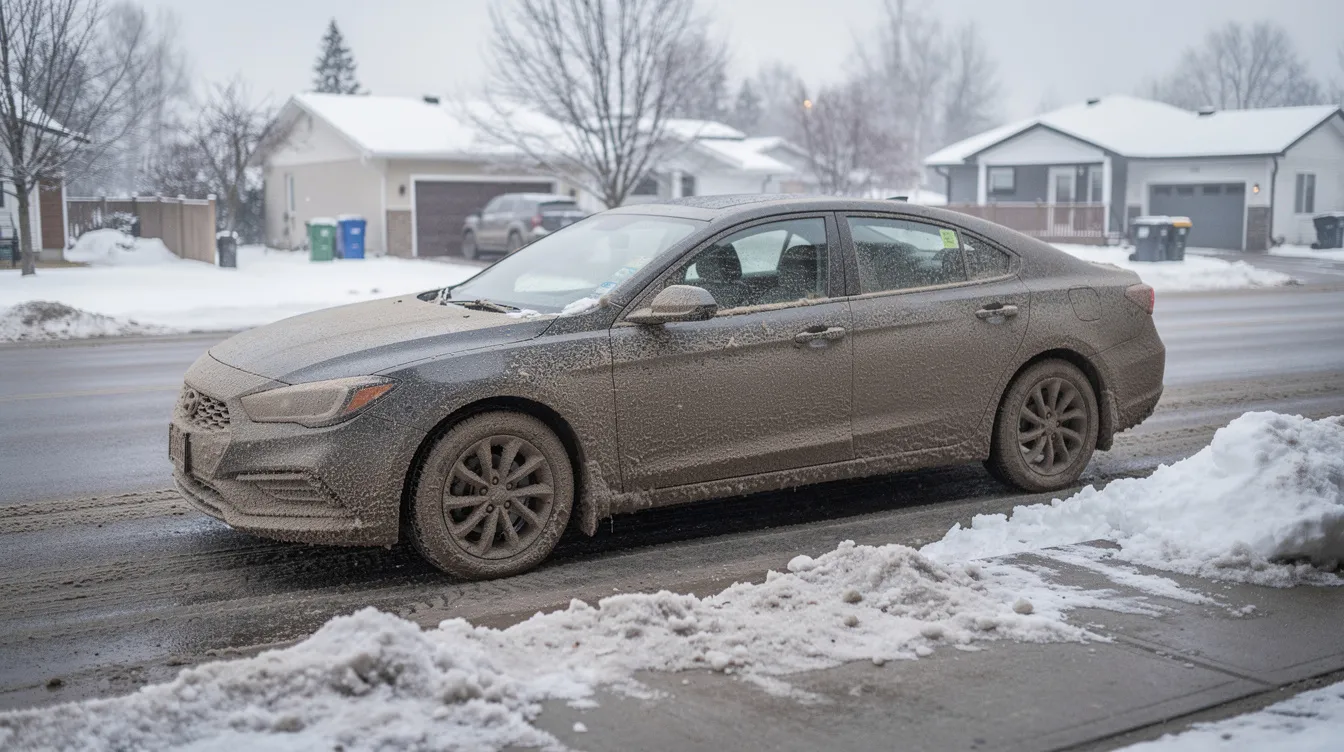 A car parked on a Canadian residential street is covered in winter road grime, showcasing the effects of cold weather and road salt during the late winter months. This scene highlights the importance of a winter car wash to protect the car's paint and maintain its shine throughout the season.
