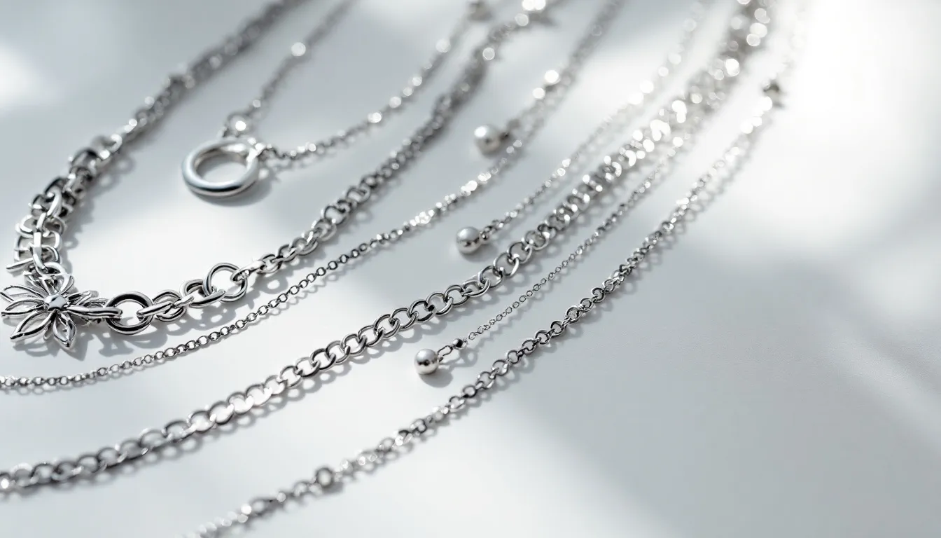 A collection of layered necklaces in silver showcases modern sophistication, featuring various lengths and styles that enhance the overall look. Each piece, designed with meticulous craftsmanship, includes elegant pendants that complement one another, creating a stunning layered set perfect for any occasion.