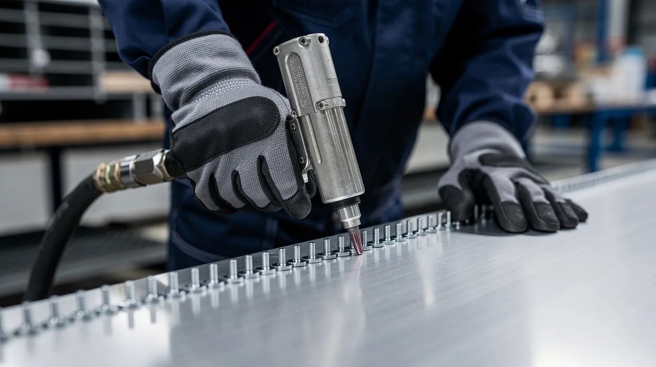 A factory worker wearing safety gloves operates a pneumatic rivet gun to install solid rivets into an aluminum panel, demonstrating the riveting process. The image captures the precise alignment of holes as the worker uses the rivet tool to create a strong, permanent mechanical connection between the materials.