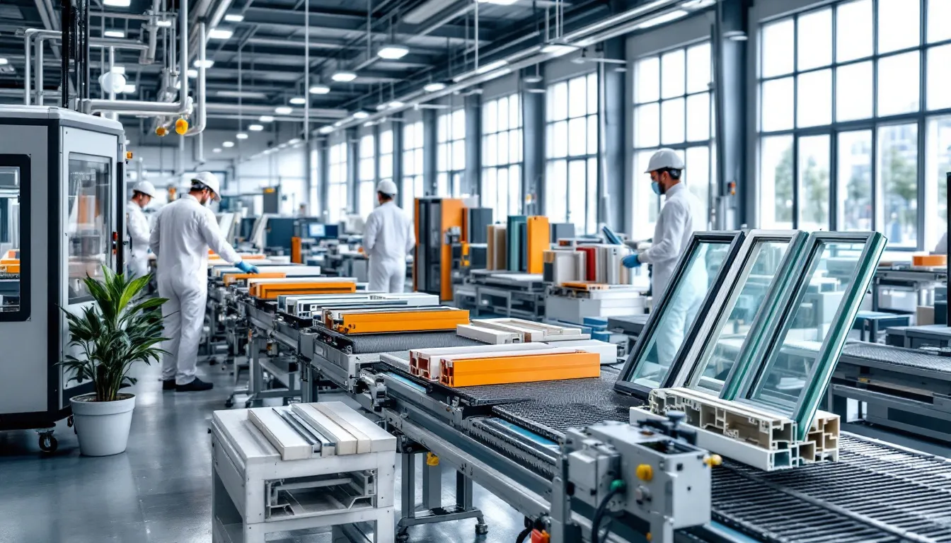 Een moderne productielijn voor hoogwaardige kunststof kozijnen in een Nederlandse fabriek, waar verschillende type kozijnen zoals kunststof deuren en schuifpuien worden vervaardigd. De geavanceerde machines zorgen voor vakkundige montage en maatwerk, wat resulteert in onderhoudsarme en duurzame producten met een lange levensduur.