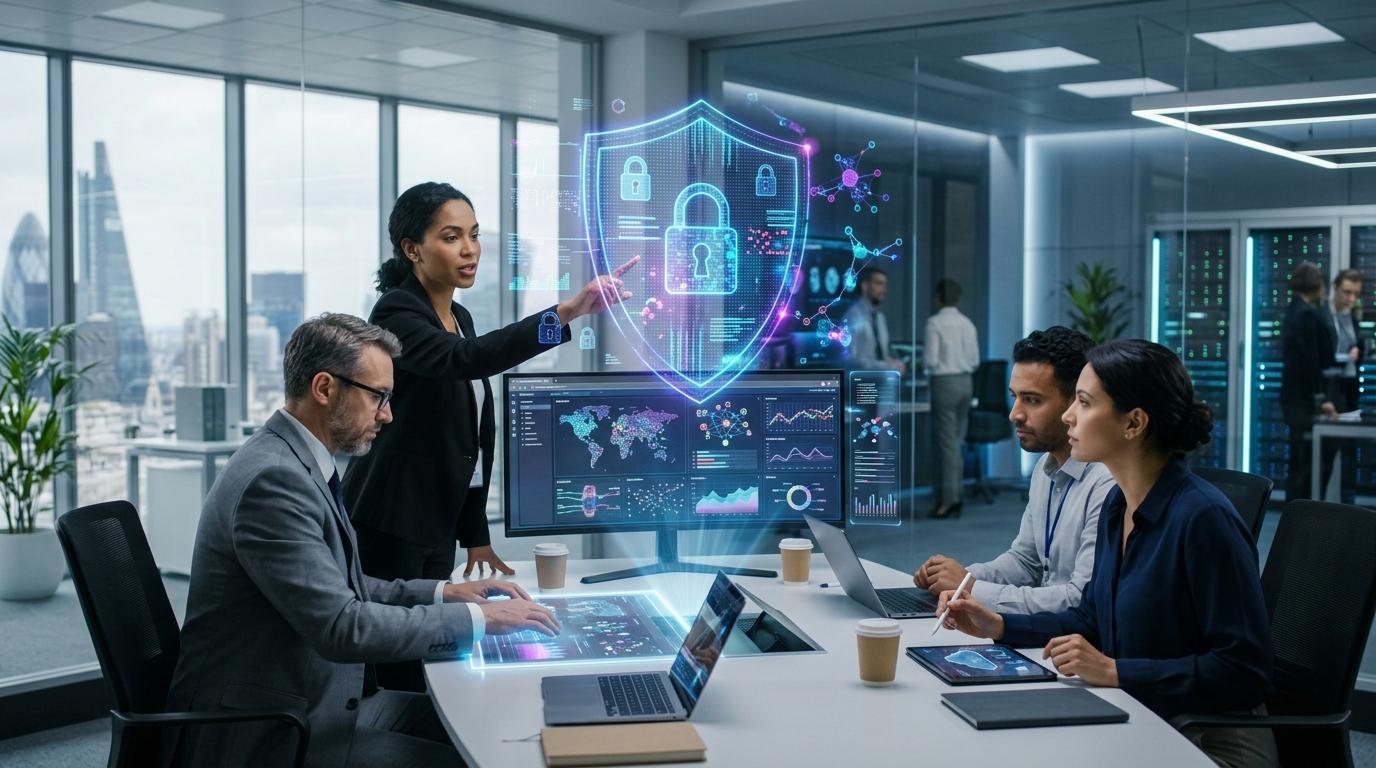 Business professionals collaborating in browser-based virtual labs with holographic security shields, cloud servers, and analytics visualizations, modern enterprise style.