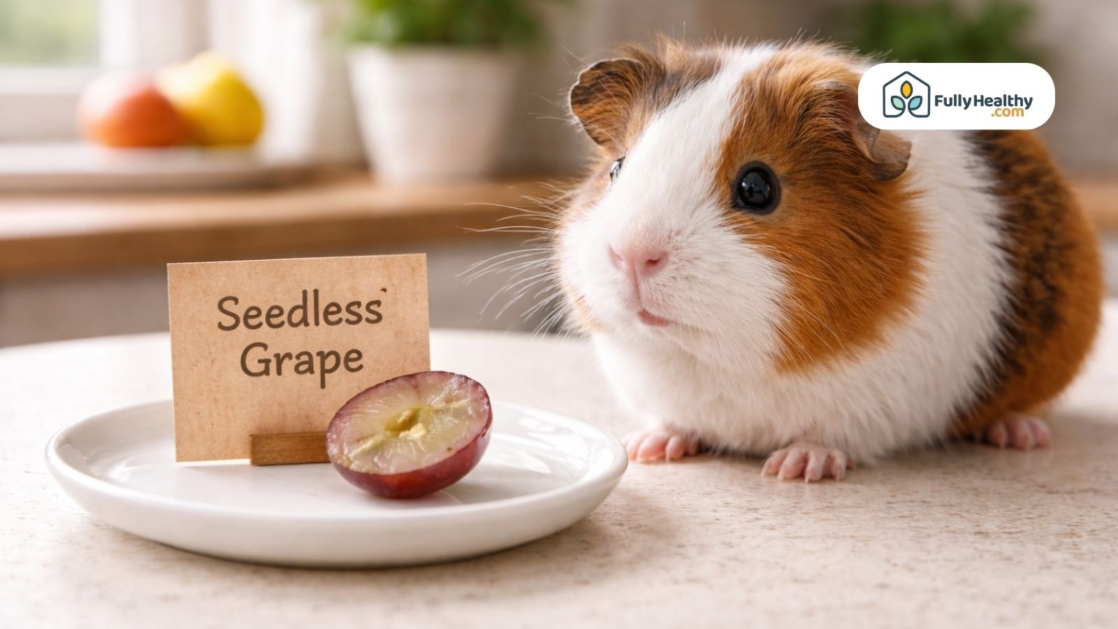 Guinea pig sitting beside a plate labeled seedless grape slice