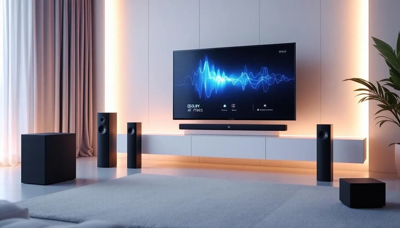 Ein Bild von verschiedenen Geräten, die Dolby Atmos Testtöne wiedergeben, einschließlich TVs und Lautsprechern.