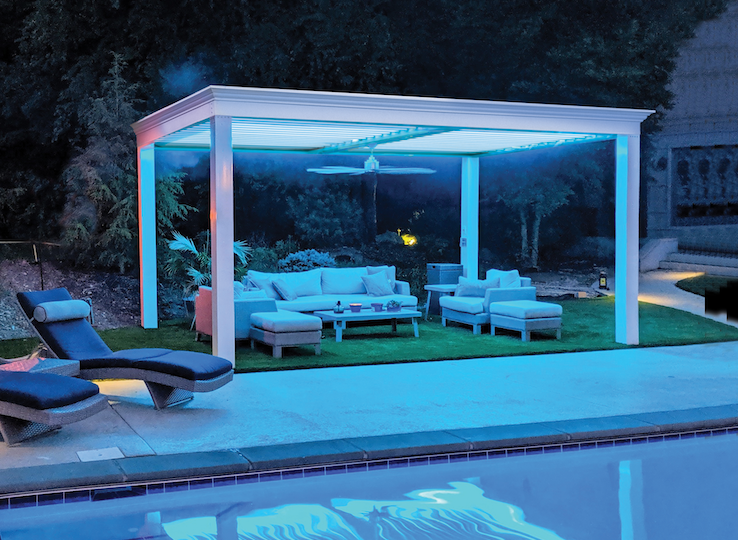 pool side with white pergola lights inside gutter system