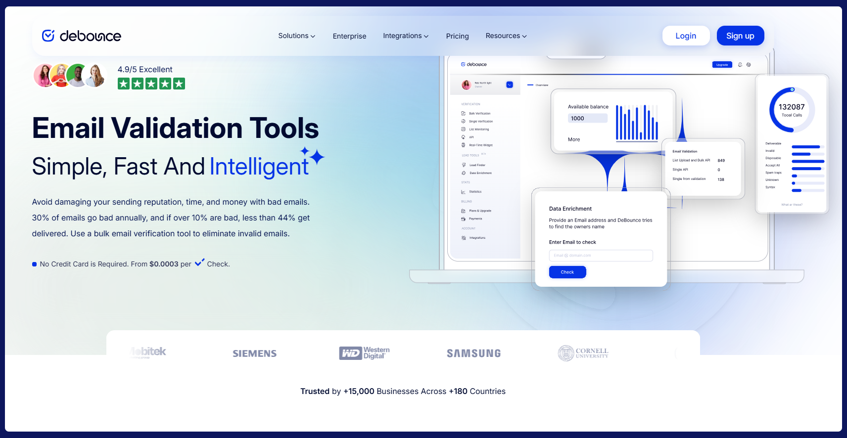 DeBounce platform, budget-friendly tools for email verification featuring anti-greylisting technology and data enrichment.