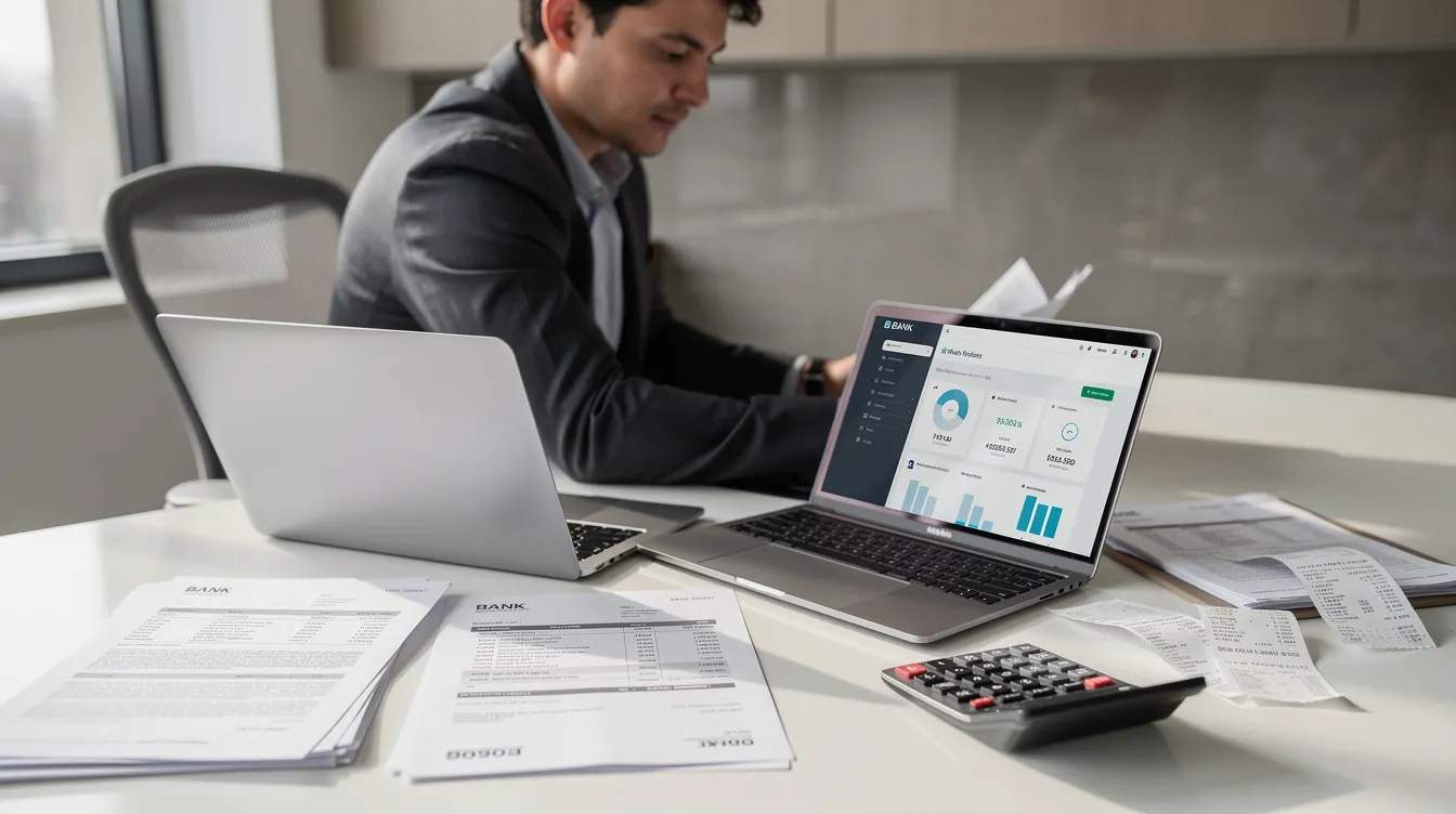 A person is sitting at a desk, intently reviewing bank statements and financial documents on a laptop, likely assessing their financial situation, which may involve considerations like 免 tu 貸款 and their 信貸 評 級. The workspace is organized, with papers and a calculator nearby, indicating a thorough analysis of their finances.