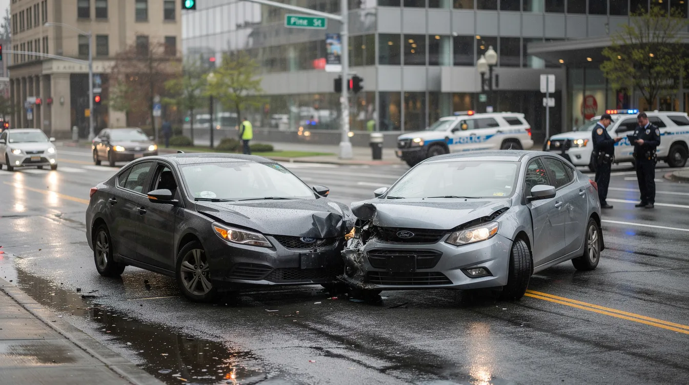 The image depicts a car accident scene at a Seattle intersection, featuring two civilian vehicles with noticeable front-end damage, positioned at an angle on wet pavement reflecting light. In the background, police vehicles with subtle flashing lights are parked, and officers are standing by, documenting the incident without interacting with the crashed cars, capturing the seriousness of personal injury cases and the need for legal assistance in such situations.