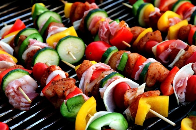 shish kebab, meat skewer, vegetable skewer