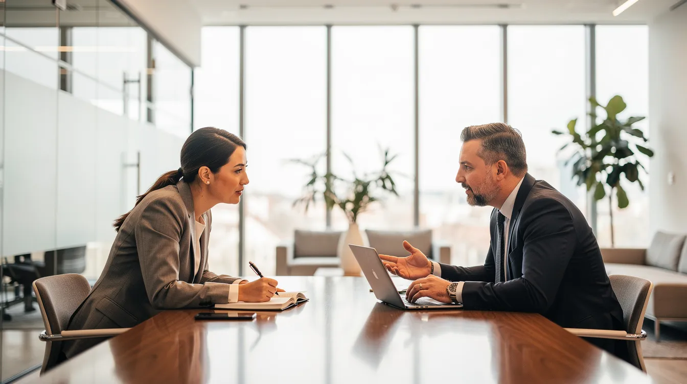 Une coach et un leader d'affaires sont en pleine discussion lors d'un entretien de mentorat dans un espace de travail moderne, échangent des conseils sur les techniques de négociation commerciale et les compétences essentielles pour réussir une négociation. L'atmosphère est collaborative, favorisant l'écoute et la communication entre les parties prenantes.