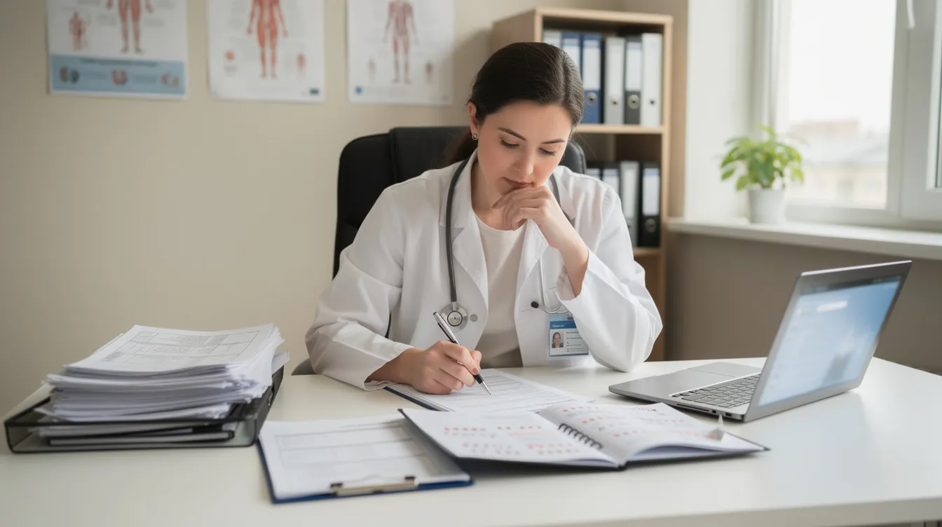 A medical professional is seated at a desk, reviewing patient documents related to a workers compensation claim, including medical records and opinions from treating physicians. The scene captures the importance of the independent medical examination process, as the professional prepares to assess the patient's maximum medical improvement and potential impairment rating.