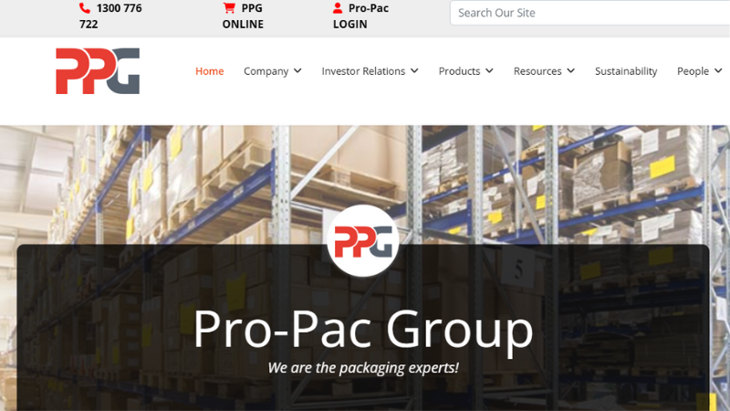 Pro-Pac Group website banner with warehouse background and packaging tagline