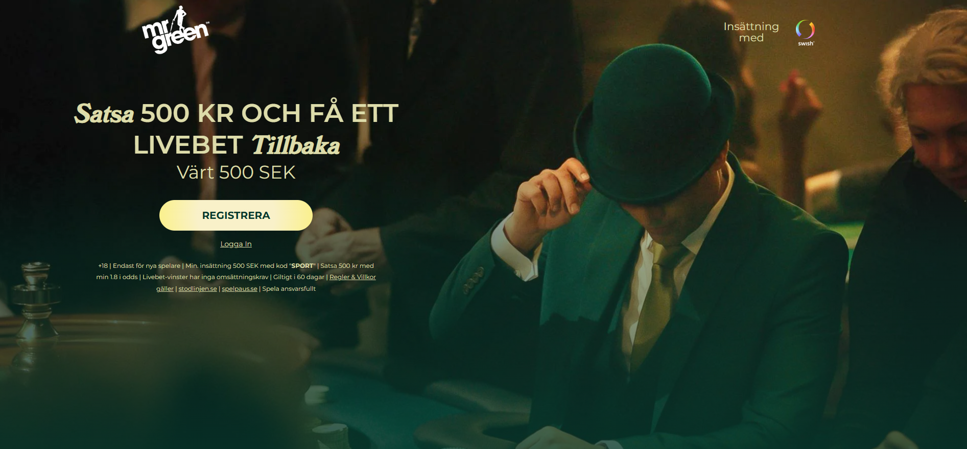 Mr Greens startsida med livebet-erbjudande och Swish-insättning.