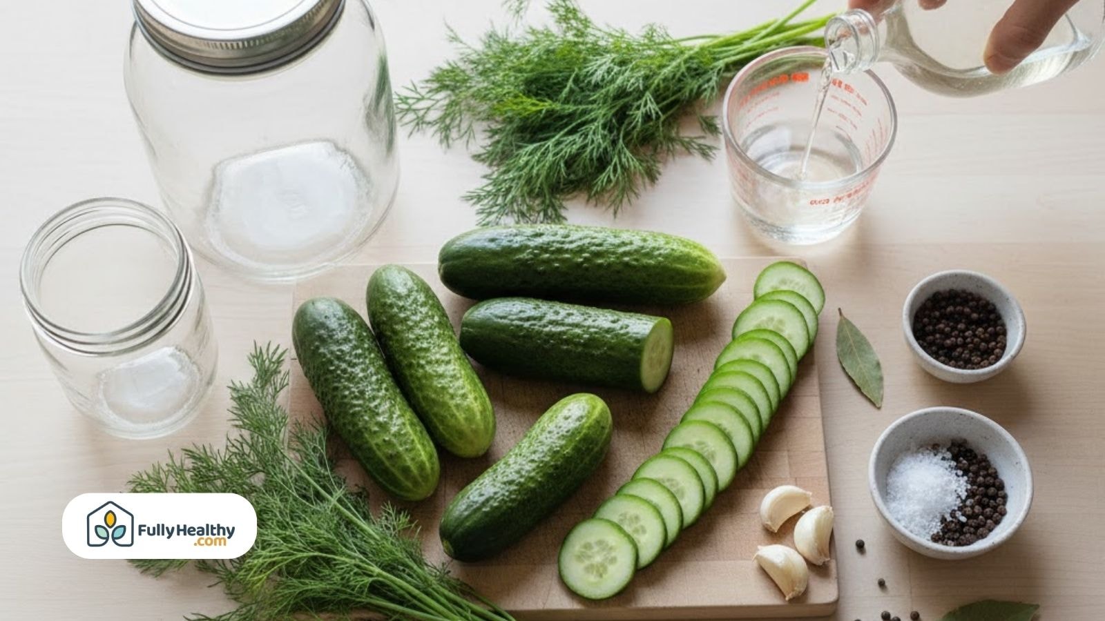Fresh cucumbers, dill, garlic, and spices prepared for the pickling process on a kitchen counter.