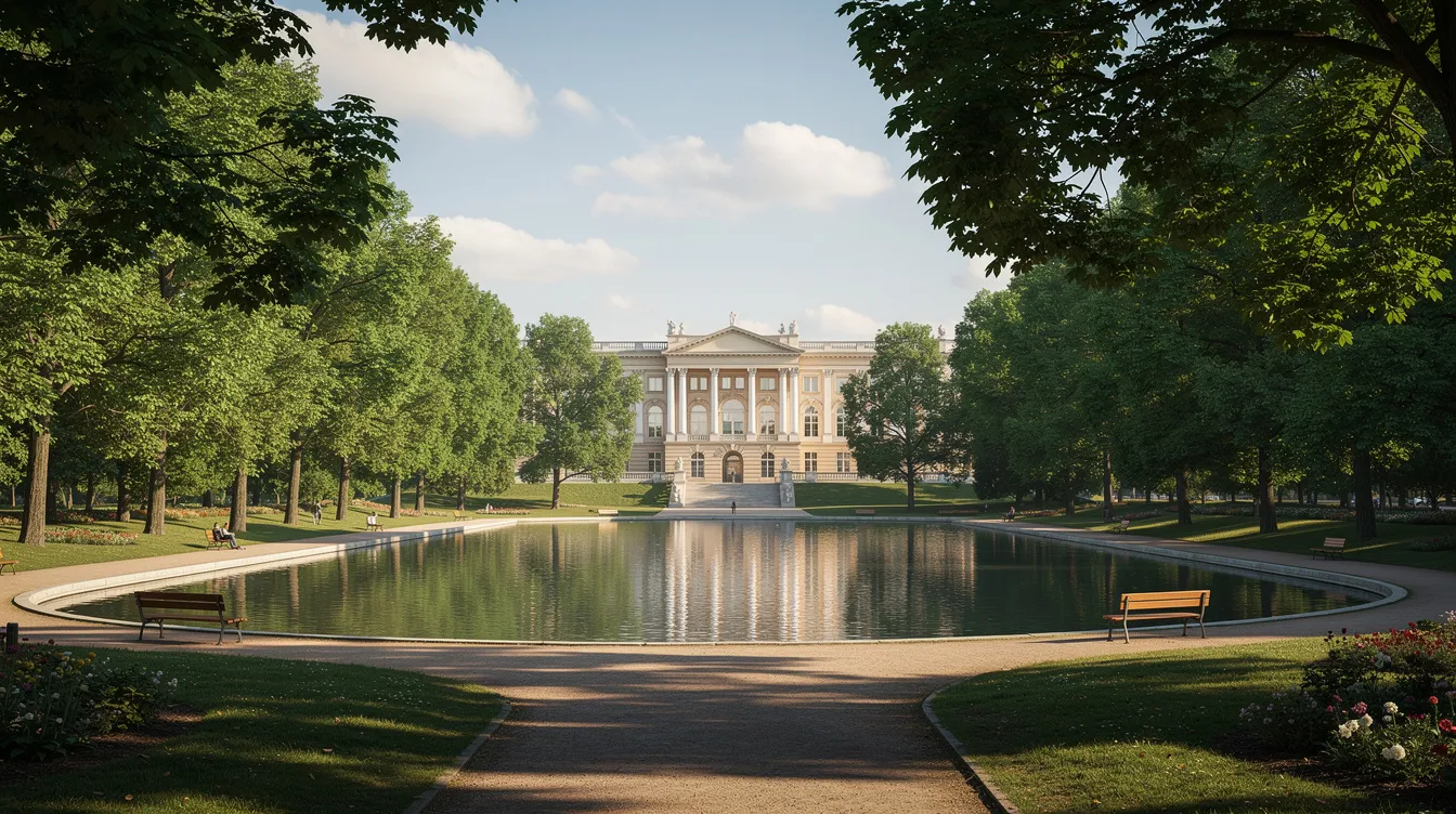 Imagem de um parque urbano na capital da Polônia, Varsóvia, com um lago sereno cercado por árvores frondosas e um imponente palácio neoclássico ao fundo, representando a rica história e arquitetura da cidade. O ambiente transmite tranquilidade e é um local ideal para relaxar e apreciar a natureza em meio à vida urbana.