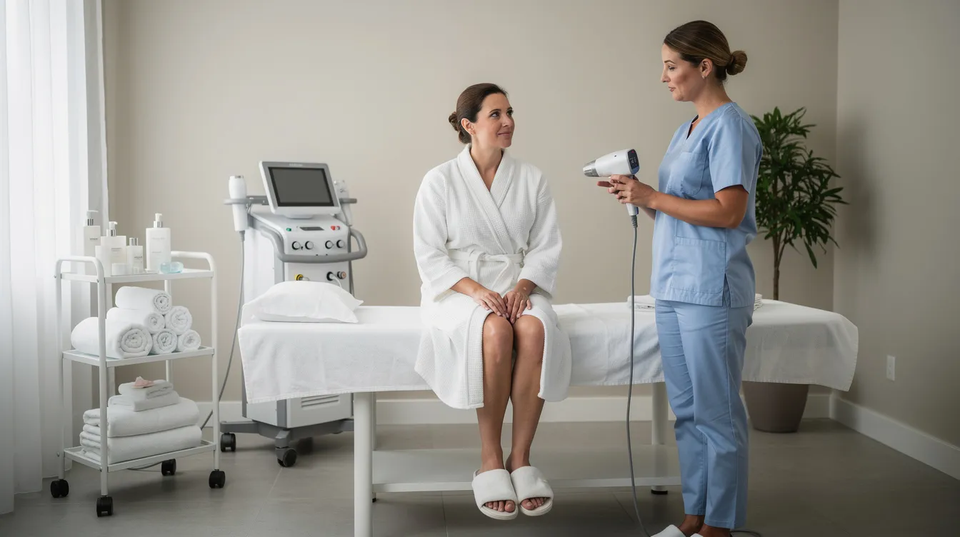 A person is seen preparing for a calm med spa body contouring appointment, surrounded by advanced technologies that aim to tighten loose skin and reduce stubborn fat deposits. The serene environment emphasizes the focus on achieving a more sculpted physique through non-invasive procedures and personalized treatment plans.