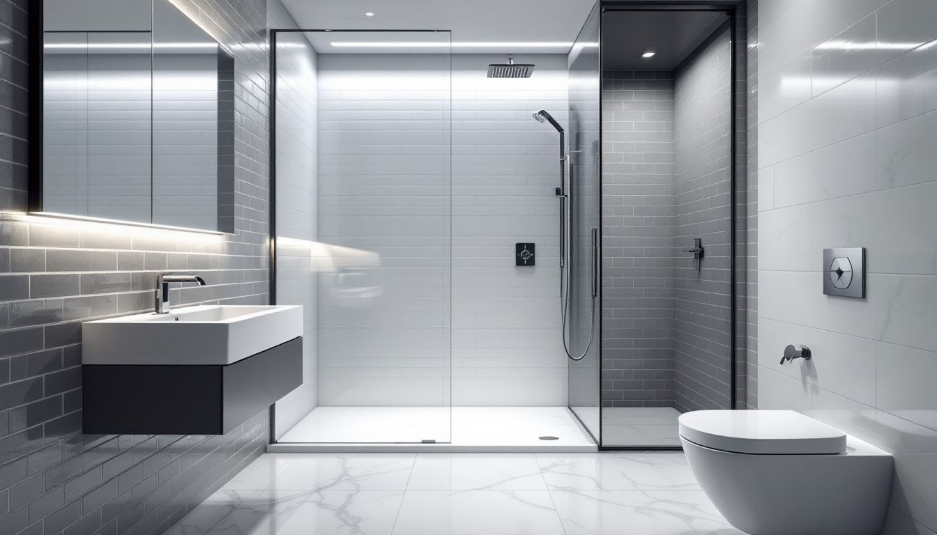 A modern bathroom designed by home mobility pros featuring a walk-in shower.