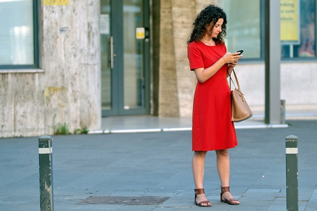 woman, red dress, phone