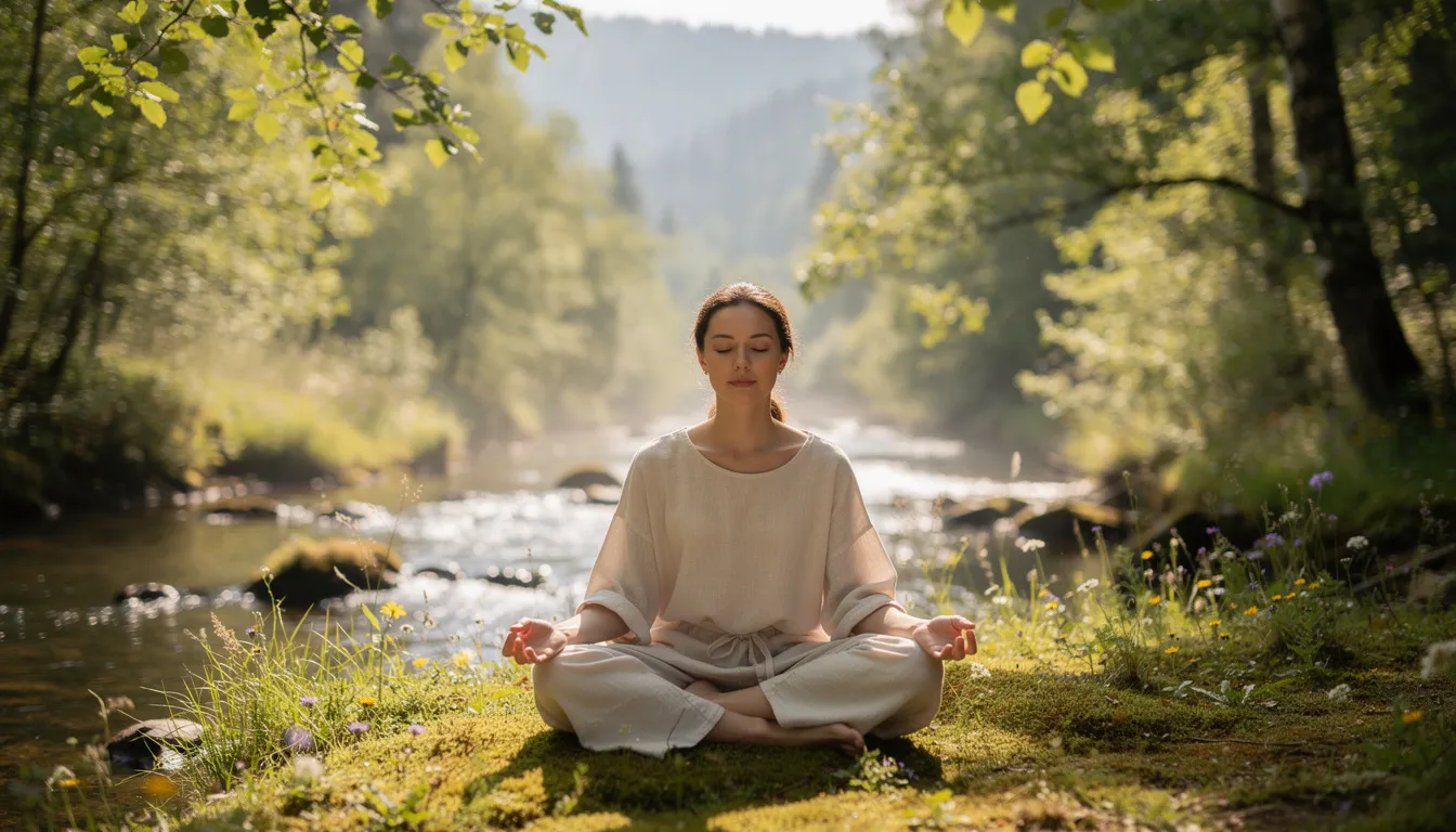 A person is meditating peacefully in a serene outdoor setting, surrounded by trees and natural beauty, symbolizing the healing process and mental health recovery associated with effective treatment for substance use disorders. This tranquil scene reflects the importance of mindfulness and coping mechanisms in addiction recovery and the journey to treat addiction.