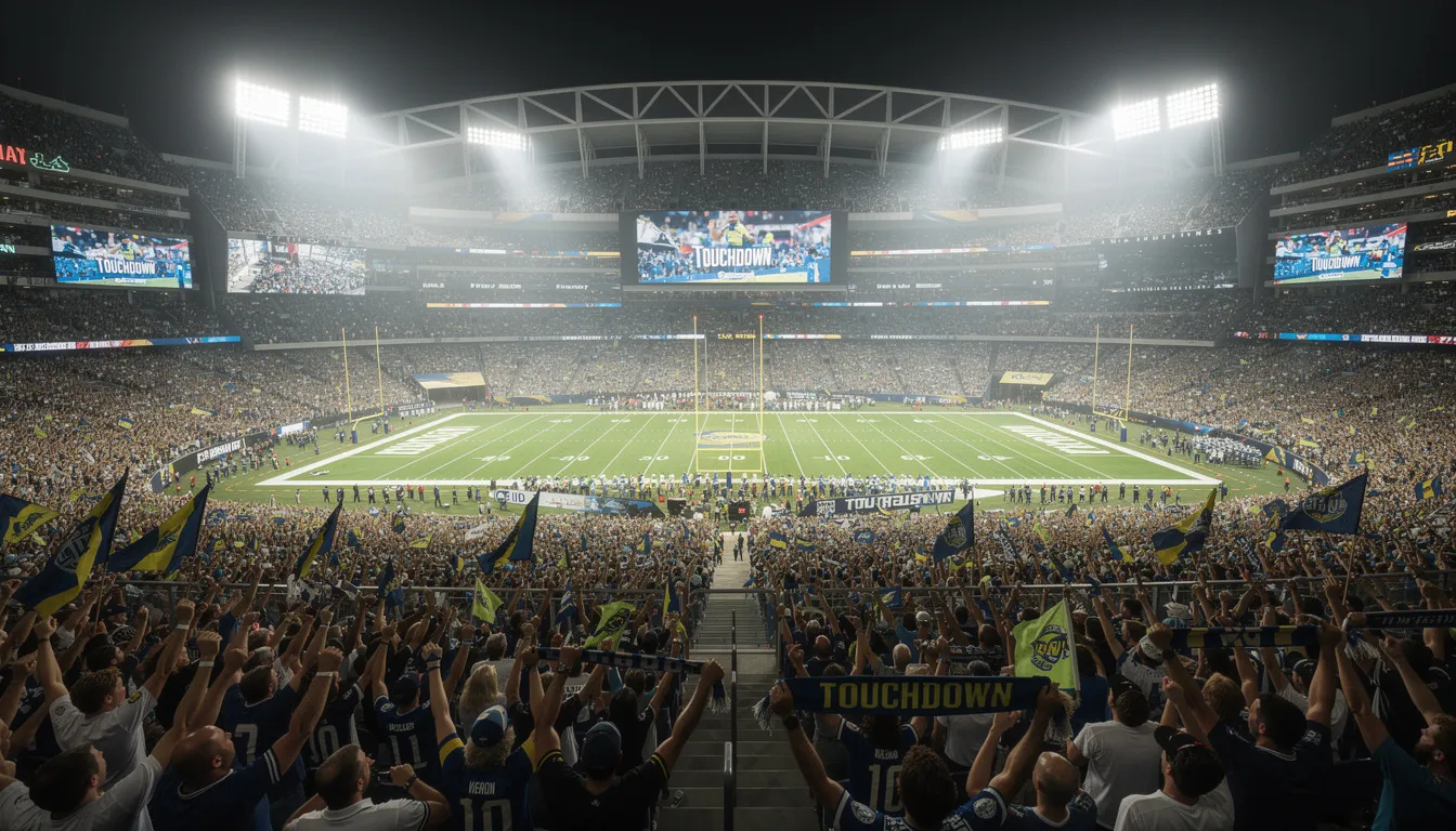 En fotbollsstadion är fylld med entusiastiska fans som hejar under starka floderljus. Stämningen är elektrisk när publiken jublar för sina lag, vilket skapar en livlig atmosfär av gemenskap och spänning.