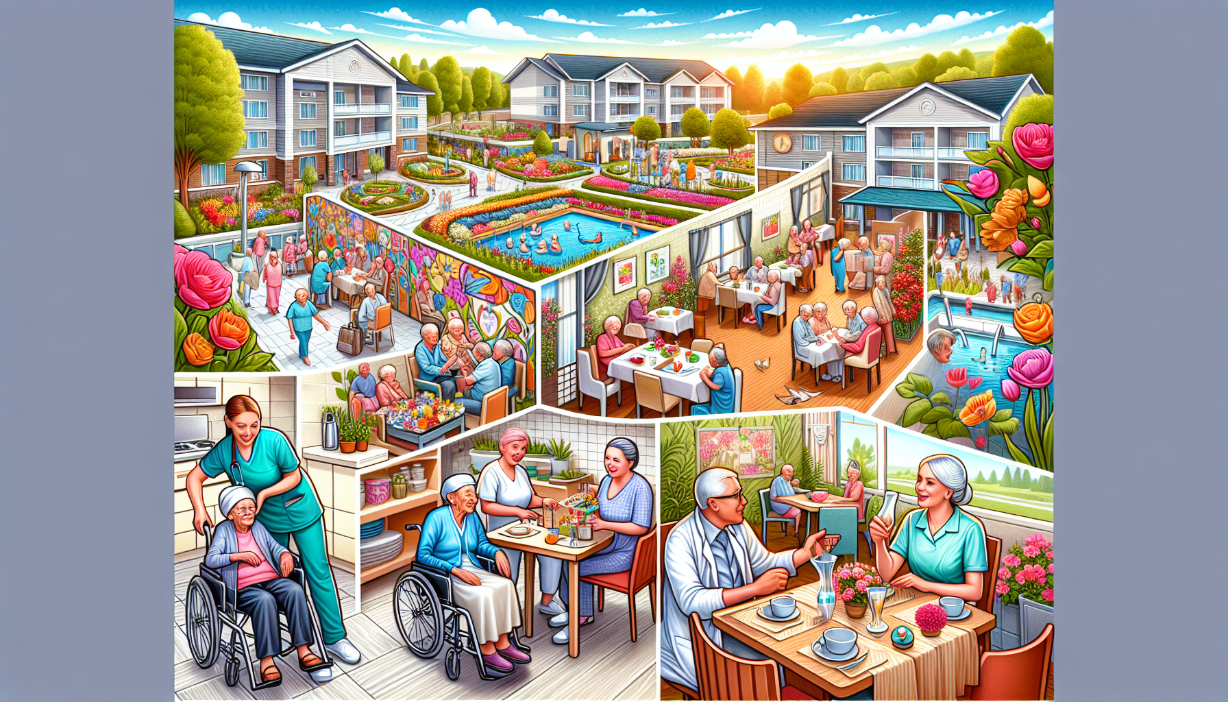 An illustration of various services and amenities offered in assisted living facilities.