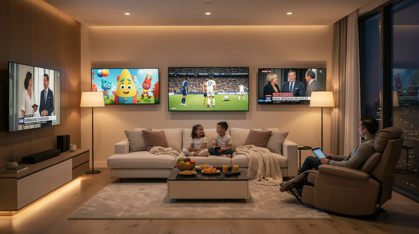A family is happily enjoying various TV programs in a modern home, with multiple screens displaying different channels simultaneously, showcasing the convenience of using separate decoders like the DStv Explora and the latest HD decoders for an enhanced viewing experience. The setup allows them to connect DStv Extra View, ensuring that everyone can watch their favorite shows, from movies to sports, all under one subscription.