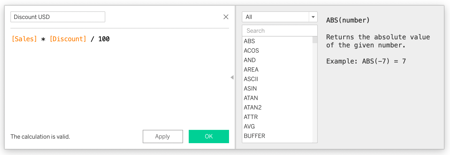 Calculated field dialog box with the function reference on the right side