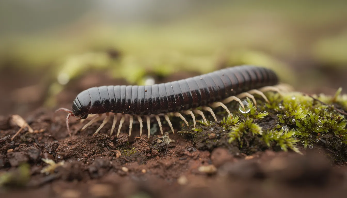 A dark millipede with contrasting pale cream-coloured legs crawls across damp soil and moss, surrounded by decaying vegetation and leaf litter. This many-segmented invertebrate, known for its nutrient recycling function, slowly moves through its habitat, contributing to the decomposition of organic matter.